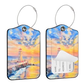 Seorsok 2Pcs Luggage Travel Tags for Suitcases,Oil Painting - Lighthouse PU Leather Name Tag with Privacy Cover&ID Label Address Card and Durable Metal Ring Suitable for Men Women Handbags Backpack