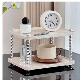 2 Tiered Bathroom Countertop Organizer Tray with Shiny Plated Decoration, Sink Tank Dresser Bedroom Holder Plate, Perfume Cosmetics Storage Rack, Waterproof Vanity Trays for Keys Skincare Jewelry