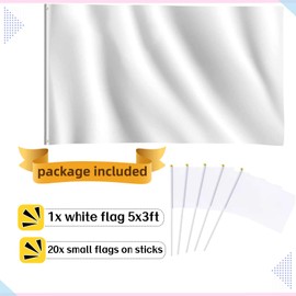 Blank White Flags DIY 5ft x 3ft and 20pcs Party Handheld Flags on Plastic Stick 8.2 x 5.5 Inch White Plain Banners Pennant Decoration for Game School Sport Events, Festival Birthday Party Supplies