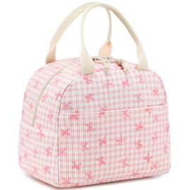 LEDAOU - Lonchera aislada para mujer, bolsa de almuerzo de pana, a prueba de fugas, para viajes, trabajo, picnic (lazo rosa a cuadros)