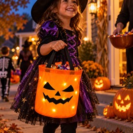 LED Halloween Trick-or-Treat Bucket for Candy – Collapsible Polyester Light-Up Basket for Parties & Holiday Decor