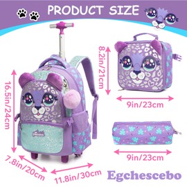 Egchescebo Kids Rolling Animal Backpack for Girls Trolley Suitcases Luggage Travel with Wheels Bookbag Wheeled 17" 3PCS Roller Backpacks Set Toddler Back Pack School Bags for Elementary Purple