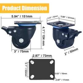 3 inch Low Gravity Center Caster Wheel, TZZCA Swivel Plate Heavy Duty Industrial Caster with Brake Nylon Wheel Set of 4 Load Capacity 4400lbs Low Profile Caster for Cart, Toolbox Workbench