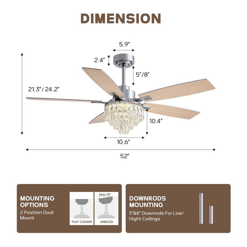 LUDOMIDE Chandelier Ceiling Fan, 52 Inch Crystal Ceiling Fan with