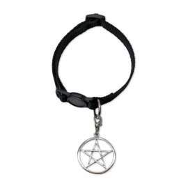 Black Cat Collar with Wiccan Pagan Pentacle Silver Finish On Safety Breakaway Collar Adjustable Neck Size 8 to 12 Inches