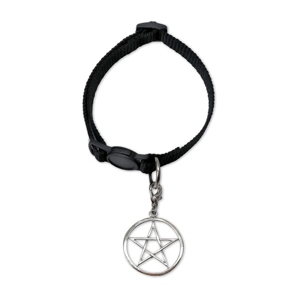 Black Cat Collar with Wiccan Pagan Pentacle Silver Finish On