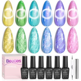 Beetles Cat Eye Gel Nail Polish - 6 Colors Summer Shimmer Pearl Cat Eye Nail Polish Set with Magnet Rainbow Mermaid Swirl Shell Thread Yellow Pink Blue Purple Green DIY Manicure Gifts for Women