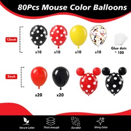 HKYOOD Mouse Color Balloons - 80Pcs 12 5 inch Mouse Color Balloons Polka Dot Latex Party Balloons with Confetti Balloons for Baby Shower Birthday Mouse Themed Kids' Cartoon Party Decorations Supplies