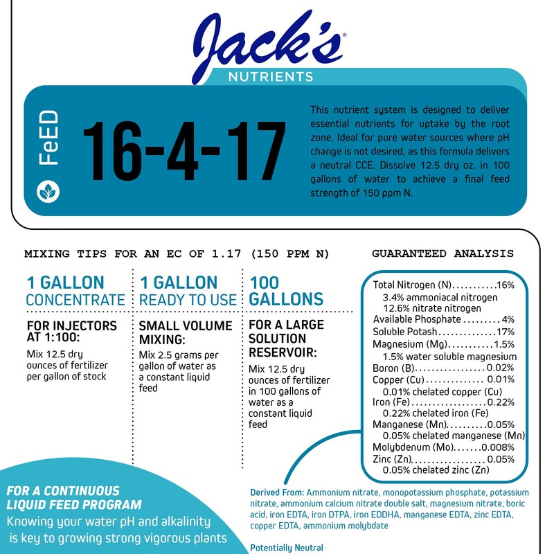 Jack's Nutrients 16-4-17 Hydroponic Fertilizer for Vegetative Growth in Continuous