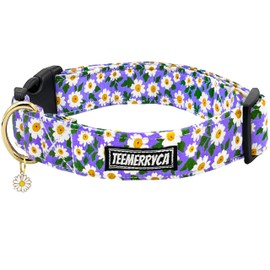 TEEMERRYCA Summer Purple Daisy Floral Cotton Dog Collars with a Adorable Flower Charm Beautiful Pet Collar for Large Dogs Girl Boy, L