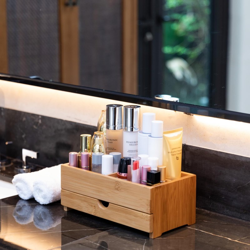 GOBAM Bamboo Makeup Organizer and Storage with Drawer, Wooden Cosmetic