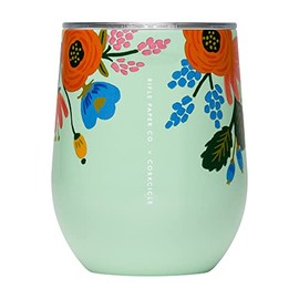Corkcicle x Rifle Paper Co. Stemless Insulated Wine Glass Tumbler, Mint Lively Floral, 12 oz – Stainless Steel Stemless Wine Glass Keeps Beverages Cold 6hrs, Hot 3hrs – Non-Slip, Easy-Grip Insulated