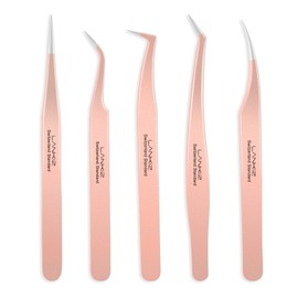 LANKIZ Eyelash Extension Tweezers Set 5 PCS for Eyelash Extensions Stainless Steel Lash Tweezers for Volume Lash Extensions-Rose Gold