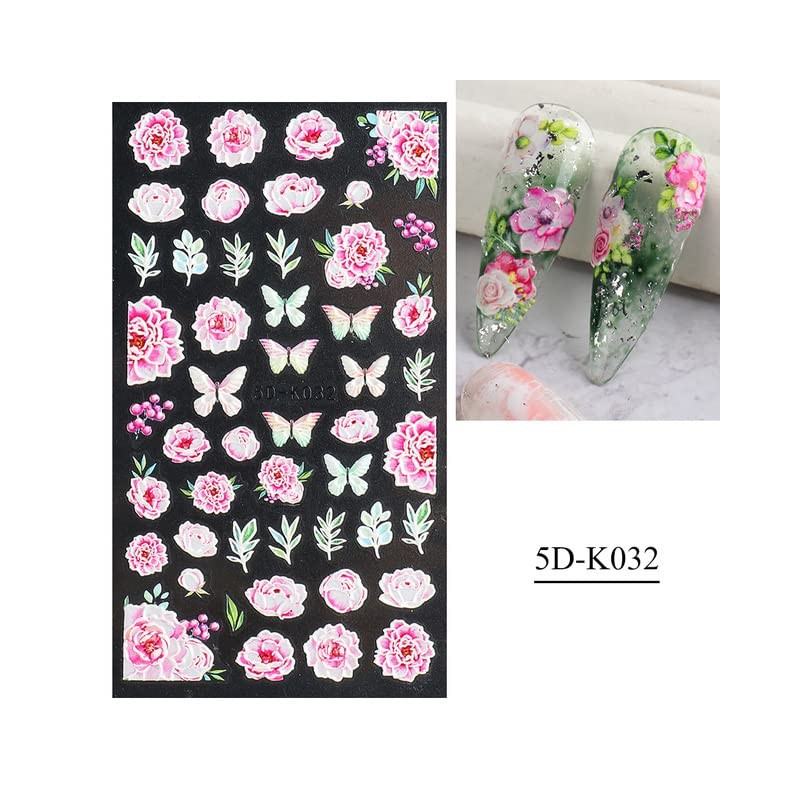 LANODO 3 Piece Nail Stickers, 5D Flowers, Grass Nail Sticker