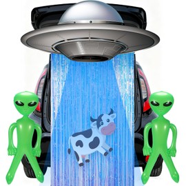 Seeloowy Halloween Ufo Aliens Car Trunk or Treat Decor Set Including Ufo Flag, Rainbow Glitter Curtains, Inflatable Aliens and Kraft Paper Party Themed Photo Prep Outdoor Backdrop Decorations