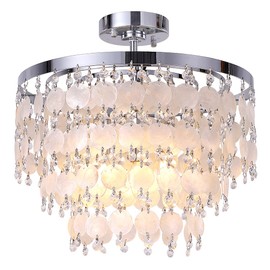 TOCHIC Modern Capiz Shell Chandelier, Boho Coastal Beach Chandelier for Bedroom, Small Semi Flush Mount Ceiling Pendant Light Fixture for Dining Living Room, Kids Room,16”W,Chrome