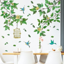 Condessacity Wall Sticker, Scandinavian Plants, Wallpaper Sticker, Removable, Stylish, Tree Branches and Leaves, Monotone, Birds, Birdcage, Wallpaper, Flowering Plants, Waterproof, Wall Sticker,