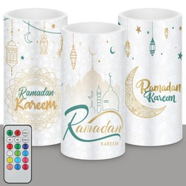 Retisee 3 Pcs Ramadan Kareem Flameless Candles with Remote Eid Mubarak LED Candles Ramadan Moon Decorations for Home Battery Operated Decorative Lights for Party Supplies Home Decor
