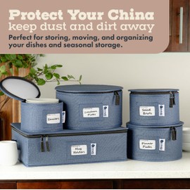 Salad Plates Storage Container - Hard Shell China Organizer with Dividers - Holds 12 Plates of 9" - Durable & Stackable Storage Box for Seasonal Dishware Protection - Denim Blue