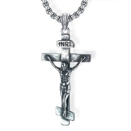Wasee Crucifix Pendant Necklace for Men, Jesus Cross Necklace Baptism Christian Jewelry Gifts for Men with 3.0mm Wide 22"+2" Box Chain