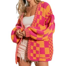 SELINK Women's Cardigan Sweater Vintage Multicolor Open Front Mixed Checkered Pattern Chunky Knit Plaid Long Sleeve Daily Outwear M