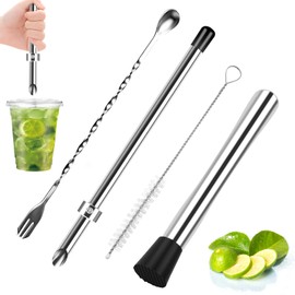 JarThenaAMCS Professional Lemonade Stand Tool Kit Stainless Steel Muddler Puncher Mixing Spoon Brush for Beverage Home Bar Lemonade Stand Supplies