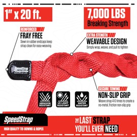 SpeedStrap SuperStrap Weavable Recovery Tow Strap 1" x 20' - Heavy Duty 7,000lb Break Strength, Emergency Towing Rope for Offroad 4x4, Jeep, Car, SUV, ATV, Boat