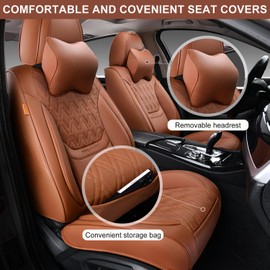 TINRAIYANG Car Seat Covers Front Pair, Breathable Leather Automotive Front Seat Covers with Headrest, Universal Automotive Vehicle Seat Cover for Most Sedan SUV Pick-up Trucks, Brown