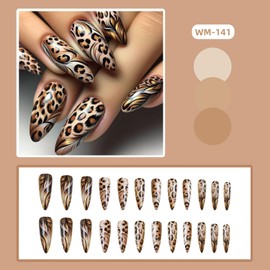Press on Almond Nails Medium Length Glossy Full Cover Acrylic Almond Shaped False Nails with Designs Artificial Fake Nails with Charms Glue Stick ons Fingernails for Women Girls(WM141)