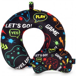 Gilprop 2 Pcs Gaming Travel Pillow with Sleep Eye Mask, U Shaped Memory Foam Headrest & Neck Pillow with Washable Cover, Soft Neck Head Support Travel Accessories for Airplane Car Train Bus Trips