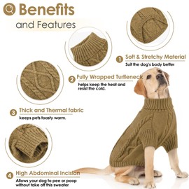 Small Medium Dog Jumpers, Dog Sweaters Pet Cat Warm Knitted Cozy Fall Winter Puppy Cold Clothes, Soft Classic Turtleneck Knitted Dog Pullover Sweater for Pug, Bulldog, Dachshund (Khaki, L)