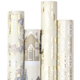 RUSPEPA Elegant Christmas Wrapping Paper Set, Jumbo Roll, Gold Silver Foil Snowflake, Wreath, Winter Village, Bow Design Gift Wrap for Winter Wedding, Holiday, 4 Rolls, 30 inches x 10 feet per Roll