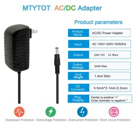 MTYTOT DC 24V 1A Power Supply Adapter 24W AC Adapter 100-240V 50-60Hz to DC 24 Volts 1Amp Transformer 4.6ft Cord with 5.5mm X 2.5mm/2.1mm US Plug for LED Strip Light CCTV Camera DC Pump etc