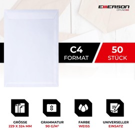 Emerson Pack of 50 White Envelopes DIN C4 229 x 324 mm 90 g Large Envelope A4 without Window Peel and Seal Envelope Maxi Letter A4 White Letter Envelope Large C4 Large Mailing Envelope Big Envelopes