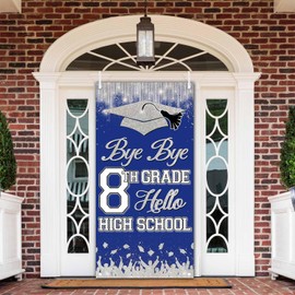 MEHOFOND 8TH Grade Graduation Door Cover, High School Grade Decorations 2025, Bye Bye 8TH Grade Hello High School Door Banner, Blue and Silver 8TH Grade Graduation Party Supplies