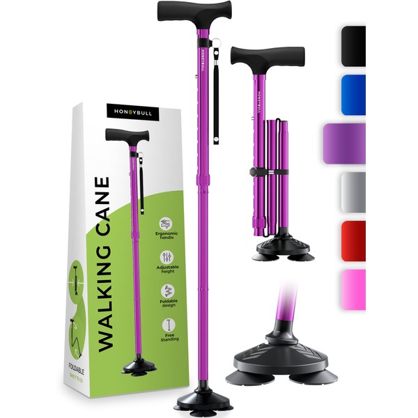 HONEYBULL Walking Cane for Men & Women - Foldable, Adjustable, Collapsible, Free Standing Cane, Pivot Tip, Heavy Duty, with Travel Bag | Walking Sticks, Folding Canes for Seniors & Adults [Purple]