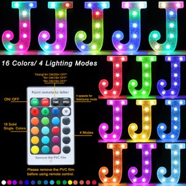 Pooqla Colorful Light Up Letters, Silver LED Marquee Letter Lights Battery Operated,16 Colors Glitter Alphabet Letter Sign Night Lights for Girls Birthday Party Wedding Bedroom Decoration, Letter J