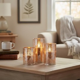 Silver Mercury Crackle Glass Flameless LED Pillar Candles Set of 3 – Warm White Flicker, Remote & Timer, Batteries Included, for Spring Weddings, Home Decor & Romantic Ambiance