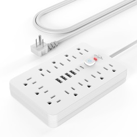 JouleLoom Power Strip Surge Protector with 11 Outlets, 4 USB and 2 USB C Ports, 5 Ft Extension Cord, Flat Plug, Wall Mount, Overload Protection Desk USB Charging Station for Home, Office（White）