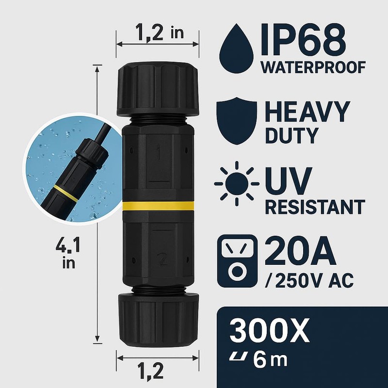 Temeloko IP68 Waterproof 2 Way Cable Connector–4–10 mm Wire Diameter –Outdoor