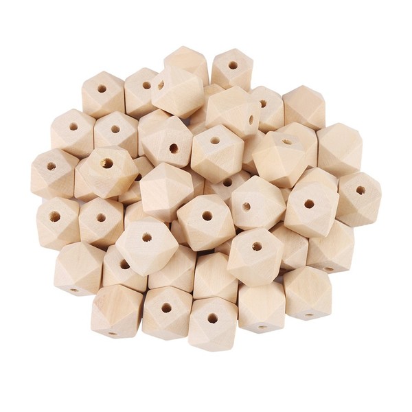 50PCS Unpainted Faceted Geometric Wood Beads Unfinished Natural Polygons Shape