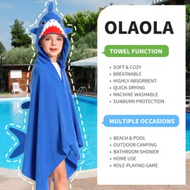 OLAOLA Kids Hooded Bath Towels, Soft Absorbent Beach Towel Swimming Wrap, Changing Robe Bath Poncho for Boys Girls 3-12 Years, Shark