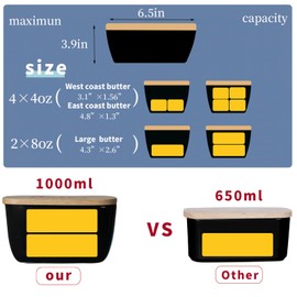 Ceramics Butter Dish with Wooden Lid- Large Covered Butter Holder for Countertop, Butter Keeper Container Perfect for Holds 2X 4oz West/East Coast Butter (Black, 6.5 x 4.2x 3.9)