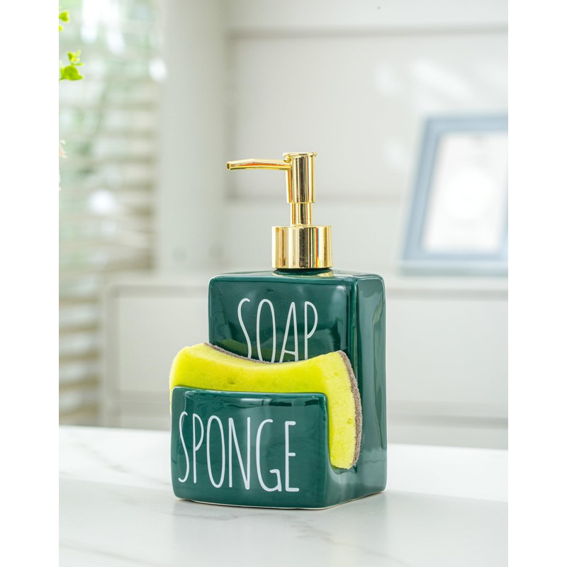 Ceramic soap Dispenser with Sponge Holder for Kitchen Sink Bathroom
