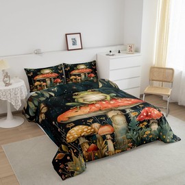 Feelyou Frog Comforter Set King Size Cute Mushroom Decor Comforter Adults 3D Digital Print Tropical Amphibian Fall Leaves Bedding Set Red Duvet Set Room Decor 3Pcs with 2 Pillow Case