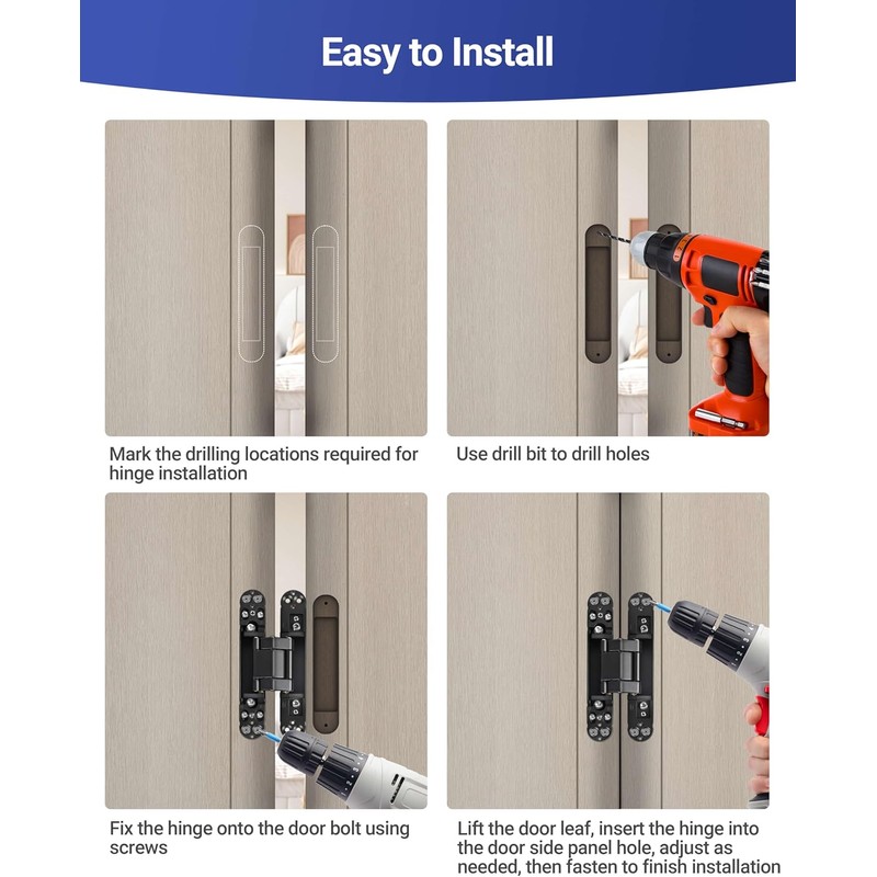 7 Inch Invisible Door Hinges (2 Pack), 3D Adjustable Hidden