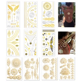BDSHUNBF 10 Sheets Gold Temporary Tattoo, Festival Tattoo, Tattoo Sticker, Fake Tattoo, Gold Tattoos, Metallic Tattoos, for Women Girls Body Art