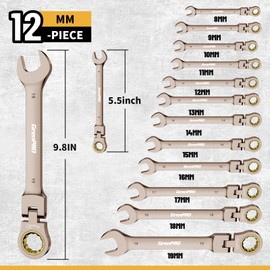 GRENPRO Wrench Set Ratchet Wrench, Ratchet Wrenches Set, 13-Piece Metric Flex-Head Ratcheting Wrench Set Metric and Standard 8-19 mm with Gauge Organizer, 72 Tooth Open End Combination Wrench Sets