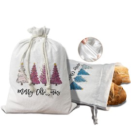 Pink Christmas Bread Bags for Homemade Bread 2Pcs,Pink Christmas Tree Decorations for Kitchen Sourdough Bread Baking Supplies Storage,Kitchen Reusable Linen Bread Boxes Pink Christmas Gifts for Women 15.5*11.8