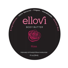 Ellovi All-Natural Body Butter - Rose - Pure Enough to Eat - Made With Just 6 Vegan Ingredients - Ultra-Rich 100% Plant-Based Hydrating Moisturizer For Naturally Healthy Skin (1 fl. oz/33ml)